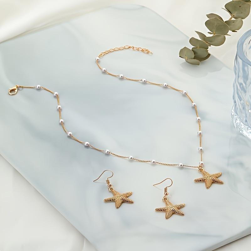 Fashion Starfish Pendant Imitation Pearl Necklace Earrings Set For Women Ocean Style Jewelry