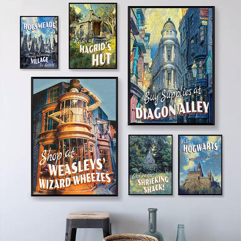 Magic Castle Retro Art Poster Train Travel Tourism Wizard Witch Canvas Print Vintage Movie Cover Wall Painting Room Home Decor