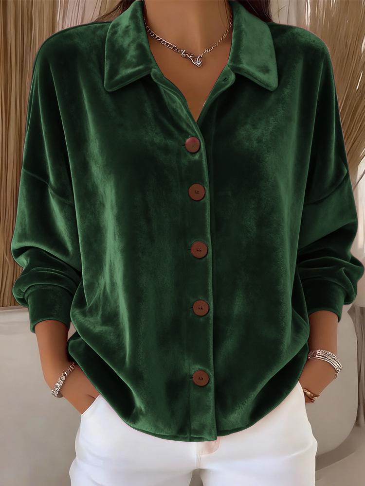 Women's Gold Velvet Long Sleeve Cardigan Shirt with Collar - European & American Style