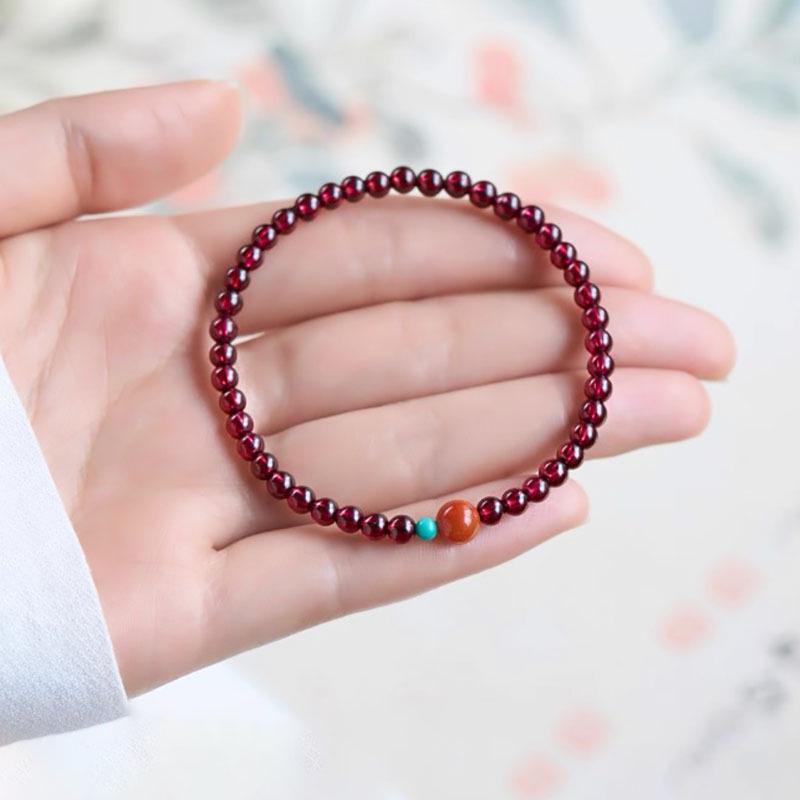 Women's Garnet & Amber Nan Hong Bracelet - Wine Red Crystal for Wealth & Luck with Millet Beads