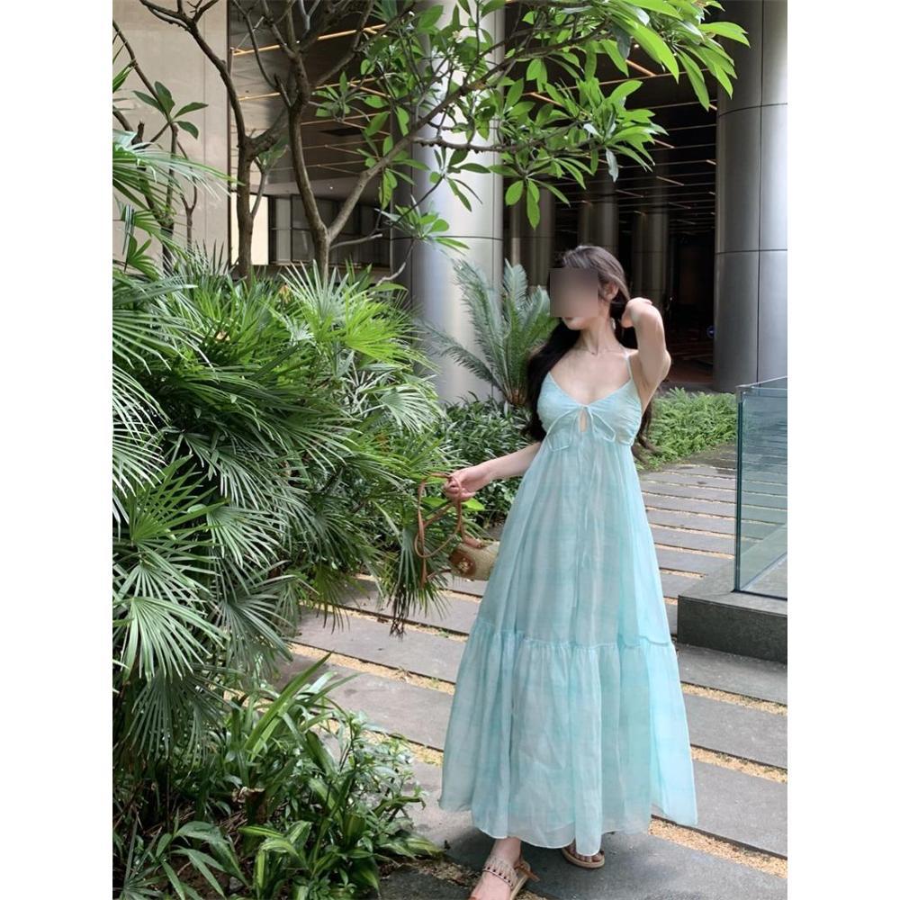 Small man sense vacation slimming dress temperament goddess sense blue long skirt women's summer dress