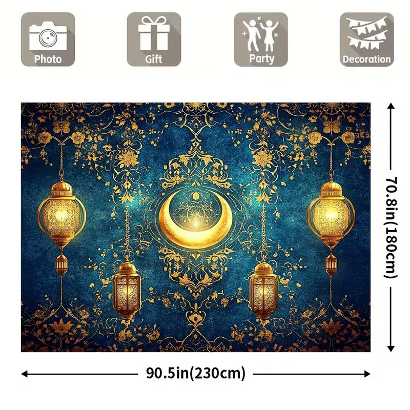 2D Ramadan Kareem Backdrop Blue Gold Moon & Lantern Photography Background for Eid Party