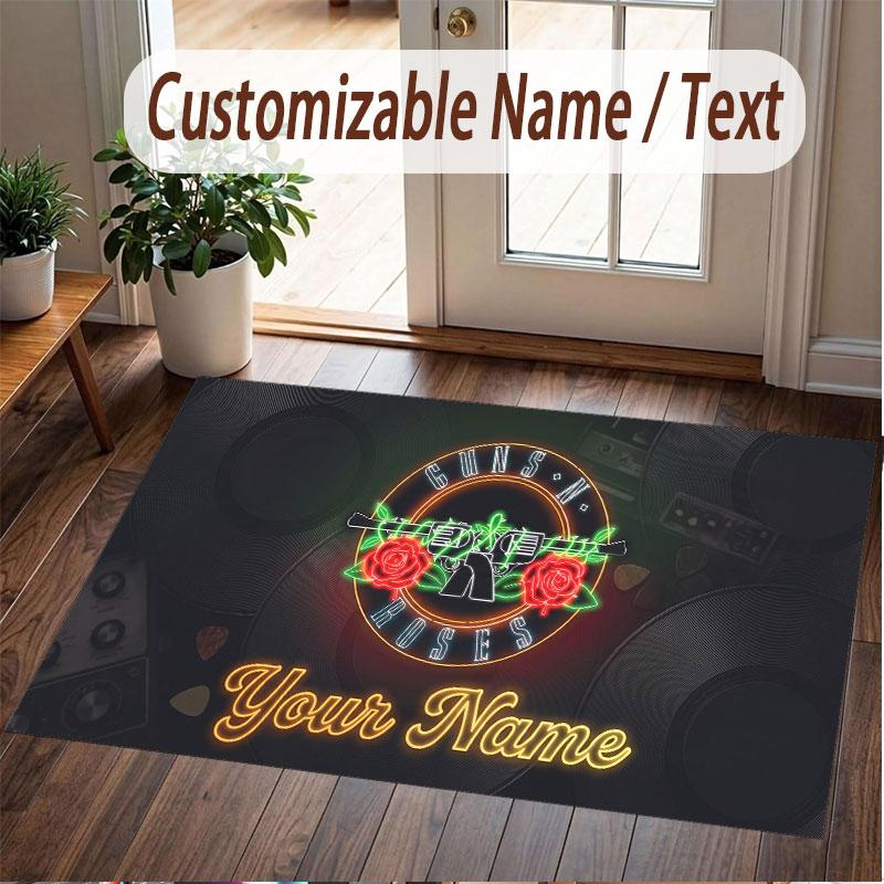 Custom Rug Guns N’ Roses Pattern Print Name Text Soft Non‑Slip Floor Carpet for Home Indoor Decoration