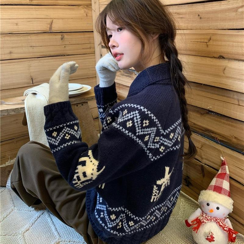 

Новая осенняя женская одежда Fair Isle, ретро свитер, куртка с роговыми пуговицами, осенний топ, женский дизайнерский вязаный кардиган 0581 average size [85-125] тёмно-синий