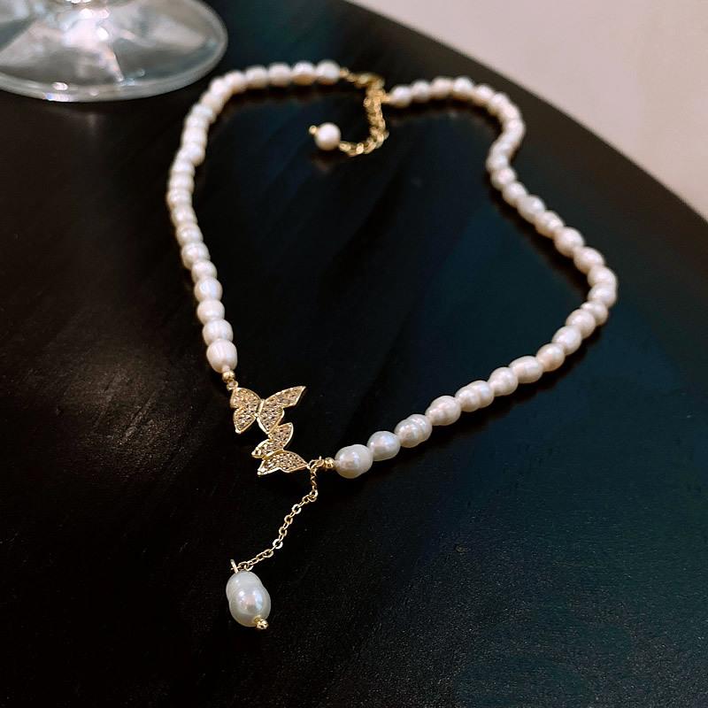 100% Natural Freshwater Pearl Sweet Butterfly Shiny CZ Zircon 14K Gold Filled Female Necklace  For Women Short Chains