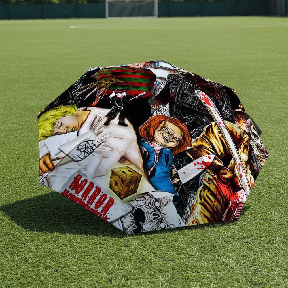 

1 шт. Автоматический складной зонт - Узор с персонажами фильмов ужасов, Портативный и складной дизайн с 8 спицами, Рождественские и новогодние подарки разноцветный