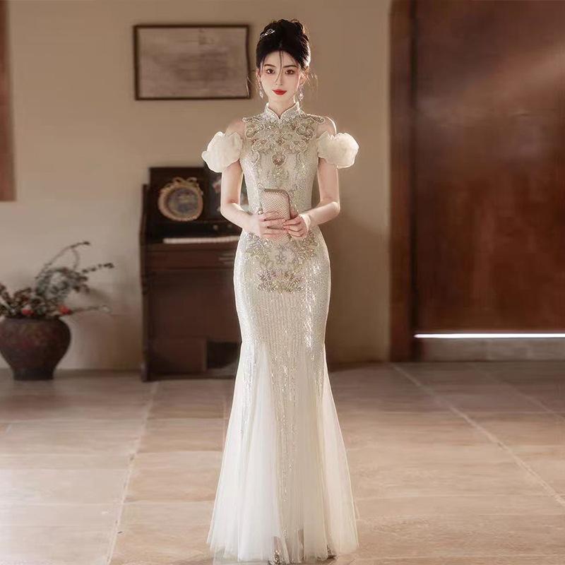 High-end Light Luxury Evening Dress 1011 New Niche Heavy Industry Banquet Performance Suit Senior Host Fishtail Dress