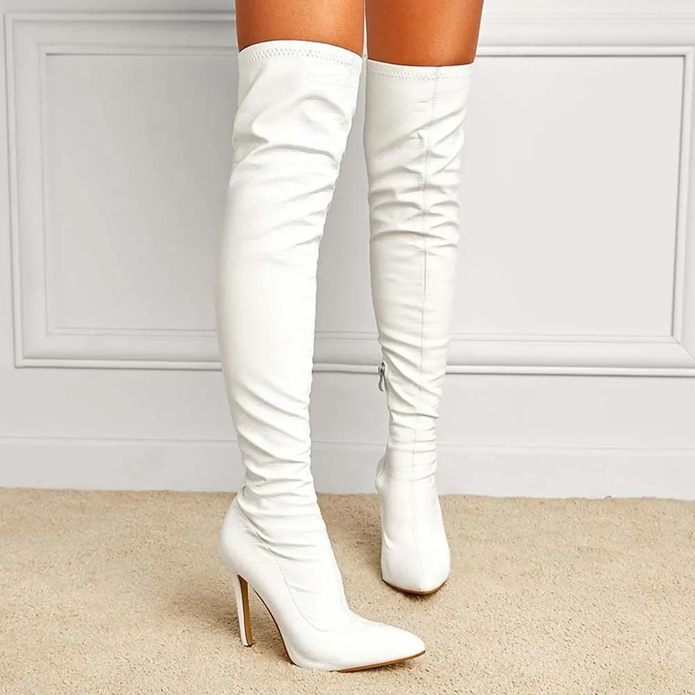 Damen Sexy Oberschenkelhohe Stiefel Schlangenprint Leder Spitze Über das Knie Seitenreißverschluss 11CM Dünner Hoher Absatz Partyschuhe