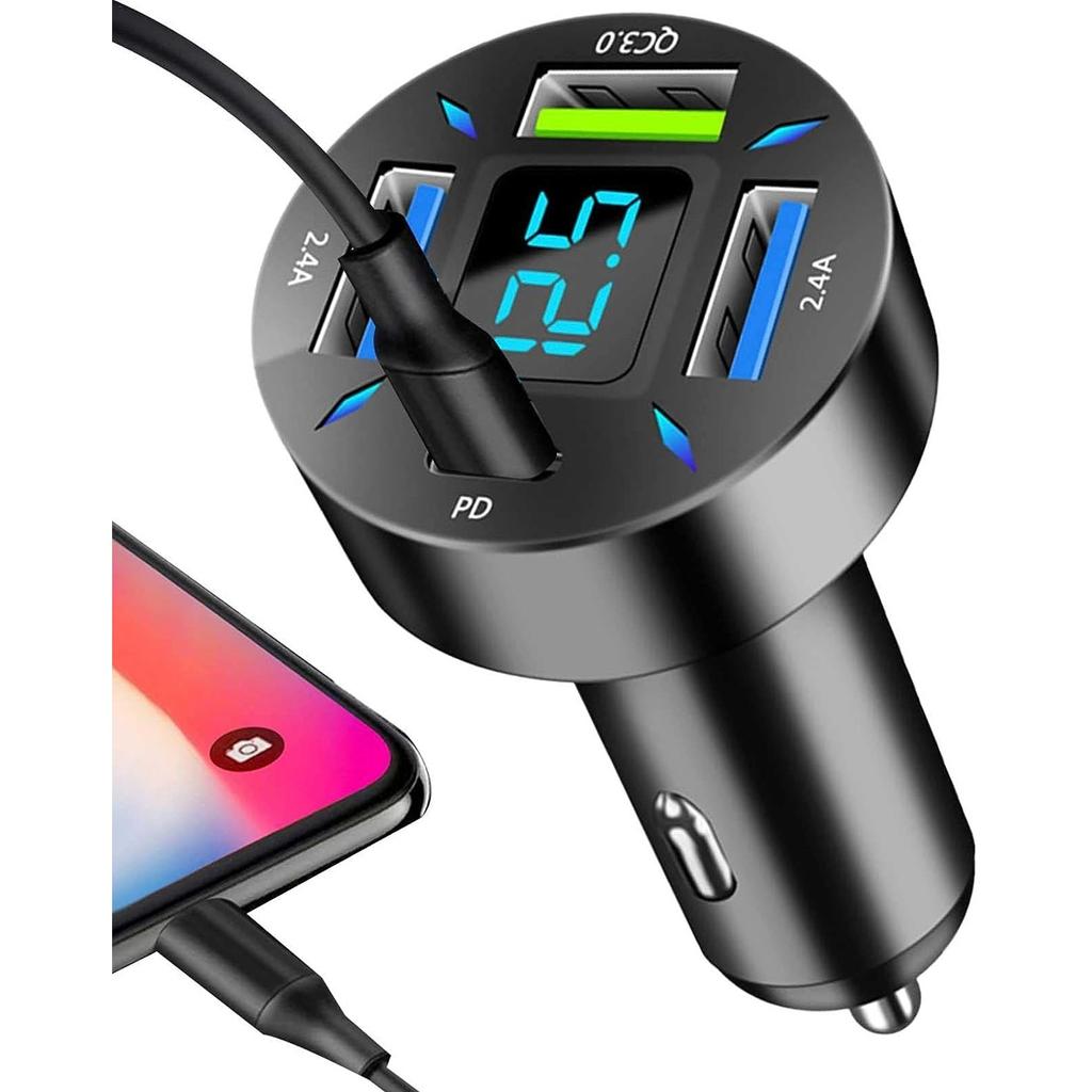 USB Car Charger Quick Charge 3.0, 66W Fast Charger Adapter for Cigarette Lighter 4-Port USB PD, LED Cigarette Lighter for Mobile Phone Laptop Pixels