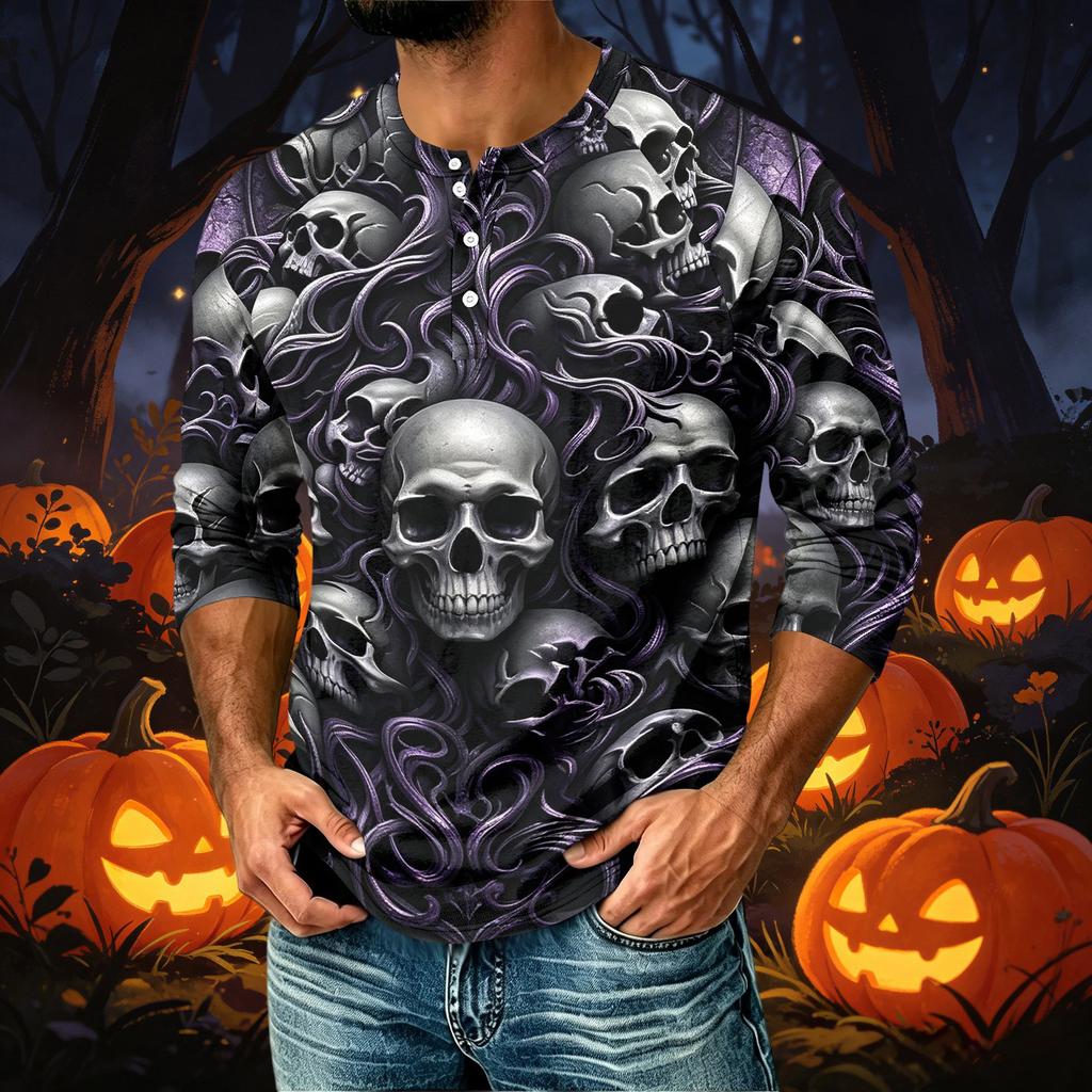 Men's Casual Raglan Three-Quarter Sleeve Shirt Halloween Print