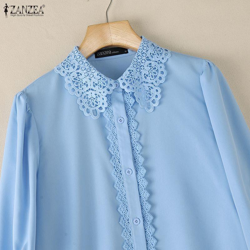 ZANZEA Women Casual Lace Splice Collar Long Sleeve Blouse