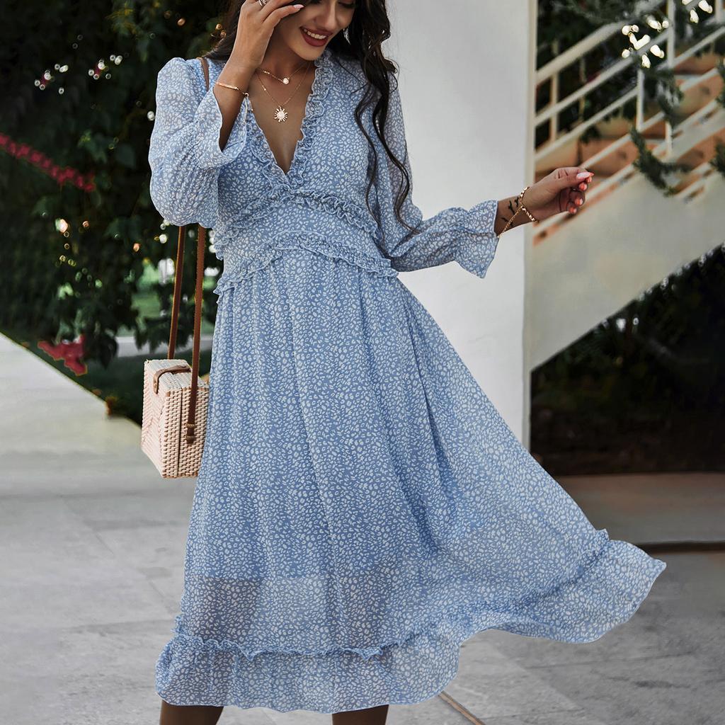 Women's Fashion Long Sleeve V-neck Skirt Pleated Knee-length Print Dress