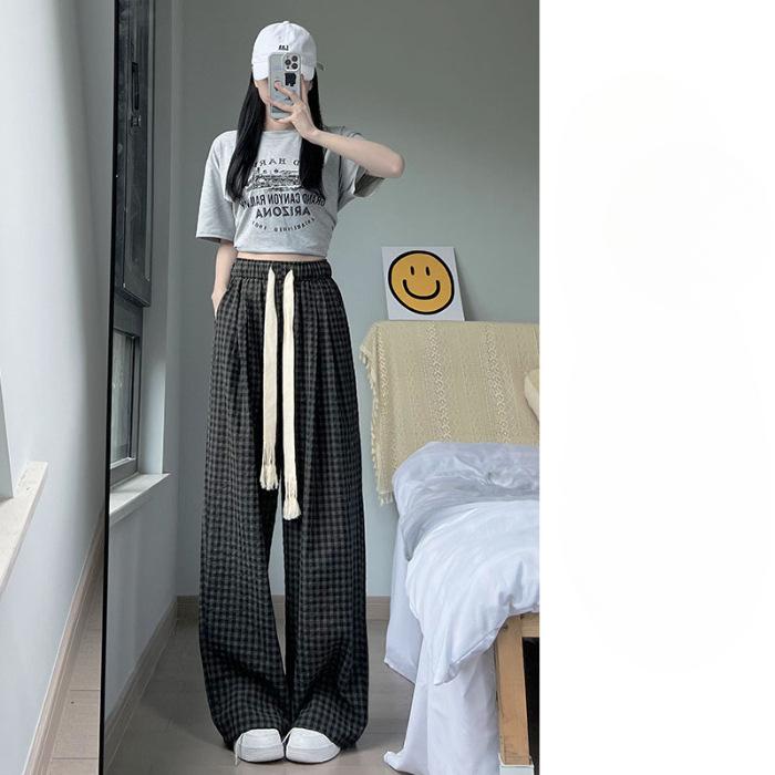 Summer Thin High Waist Drooping Cotton and Linen Loose Wide-leg Pants for Women Korean Style Student Plaid Pants Slim and Versatile Casual Pants