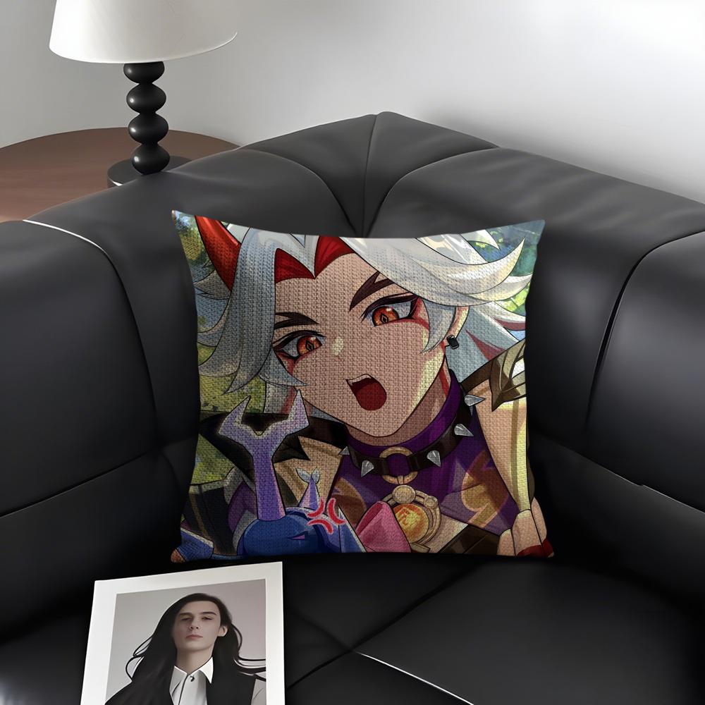 Arataki Itto Genshin Impact Cute Cushion Cover Natural Linen Organic Fabric Double-Sided Printing Sofa Home Decor Pillow Case