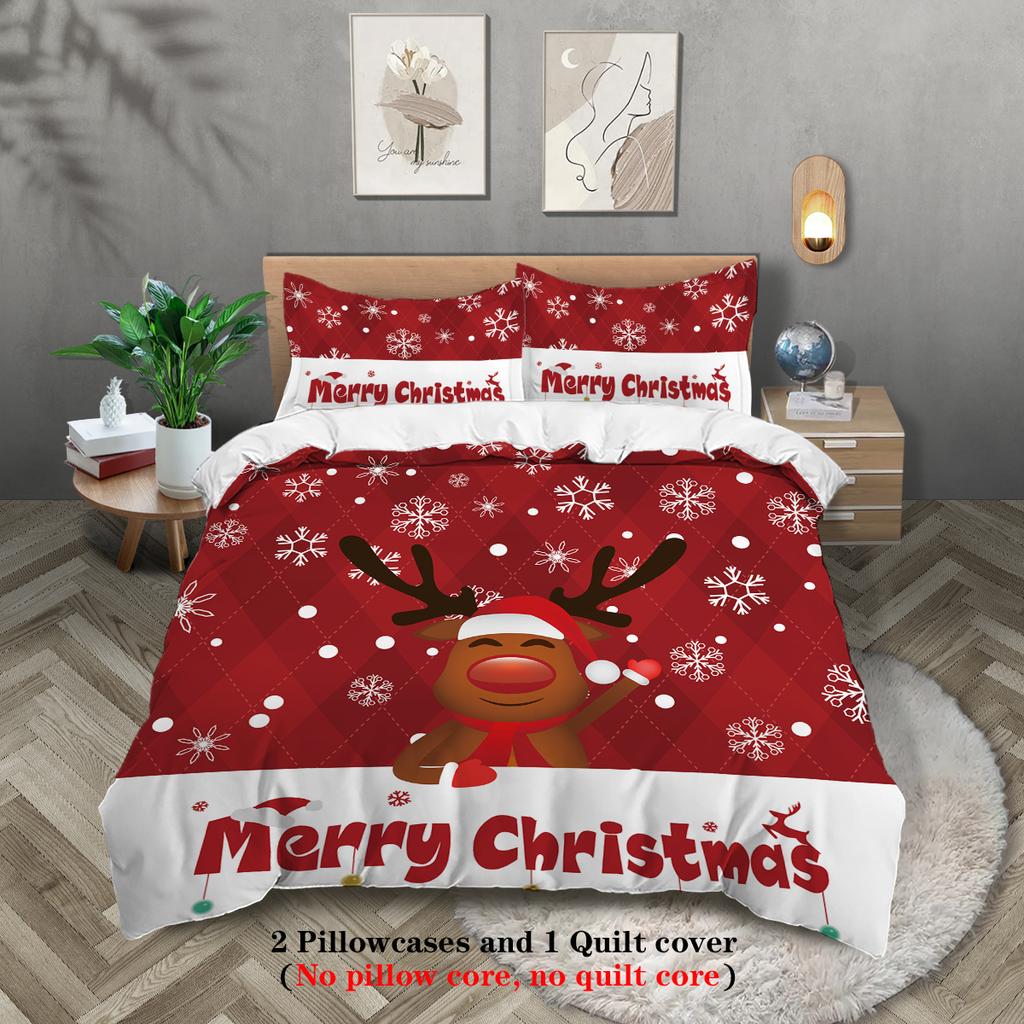 3-piece Christmas themed red checkered reindeer Santa Claus pattern print (1 duvet cover+2 pillowcases, no core) bedding set
