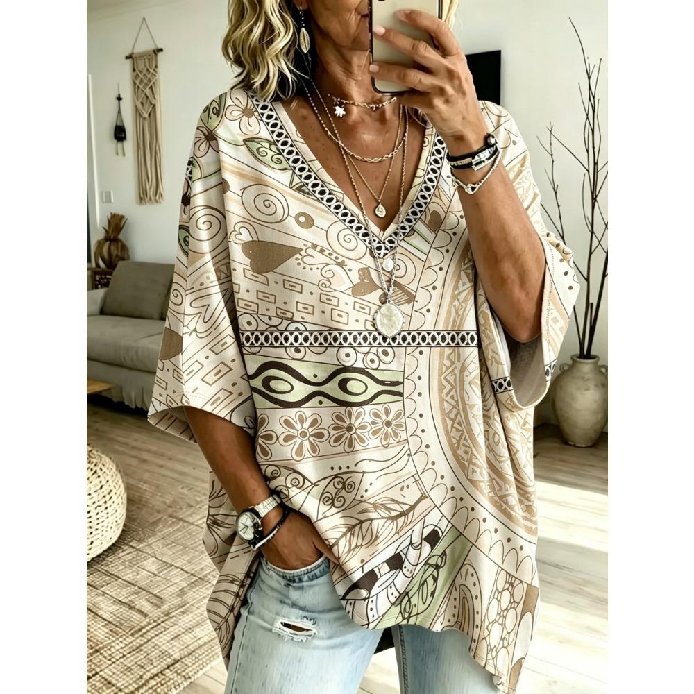 Printed Large Size Women's Abstract Flower Printed V-neck Bat-sleeve T-shirt, Lazy Style, Loose, Flesh-covering and Slimming Casual Top