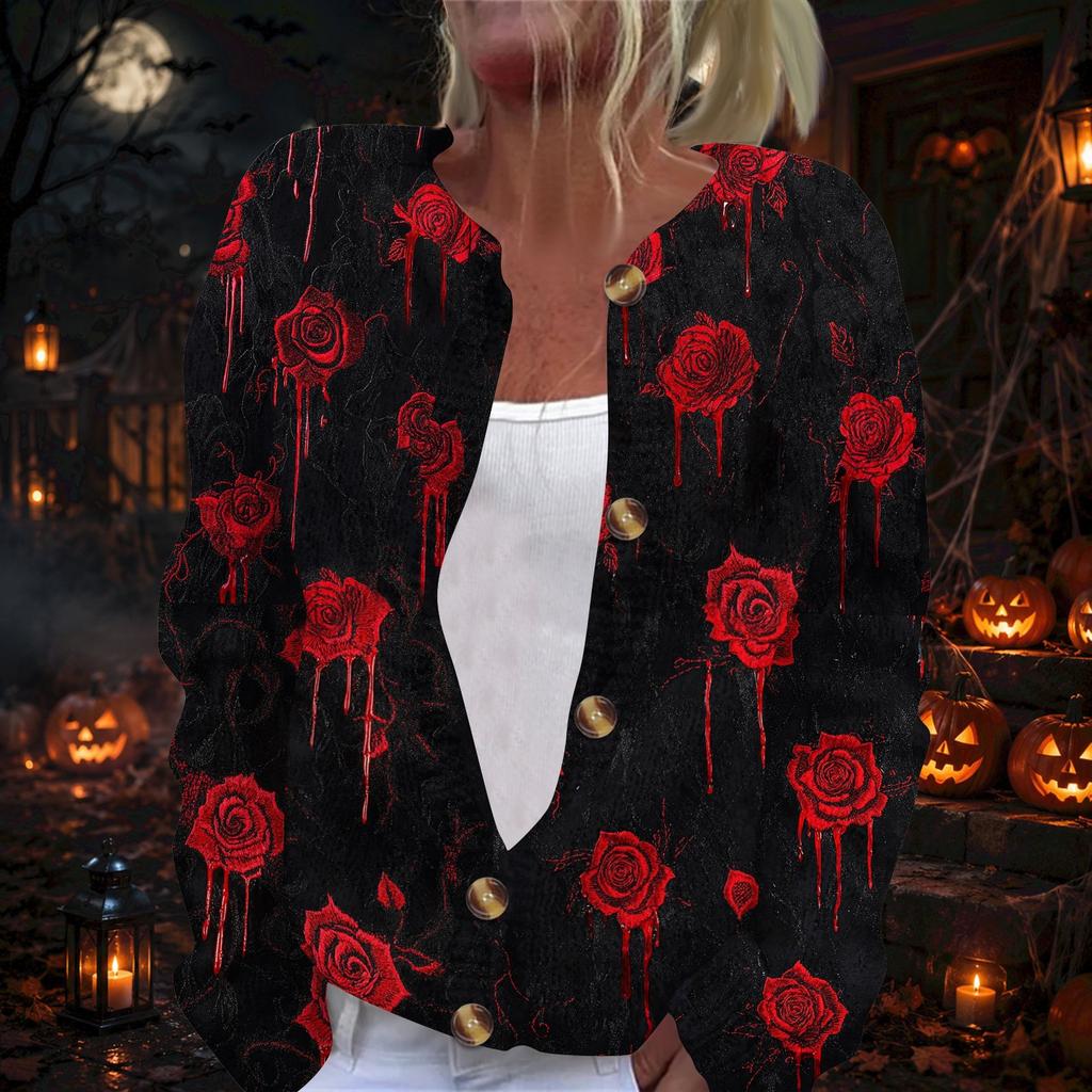 Damenmode Halloween-Print Strickjacke mit langen Ärmeln und Knopfleiste - Lässiger Mantel für den Alltag und Feiertagspartys