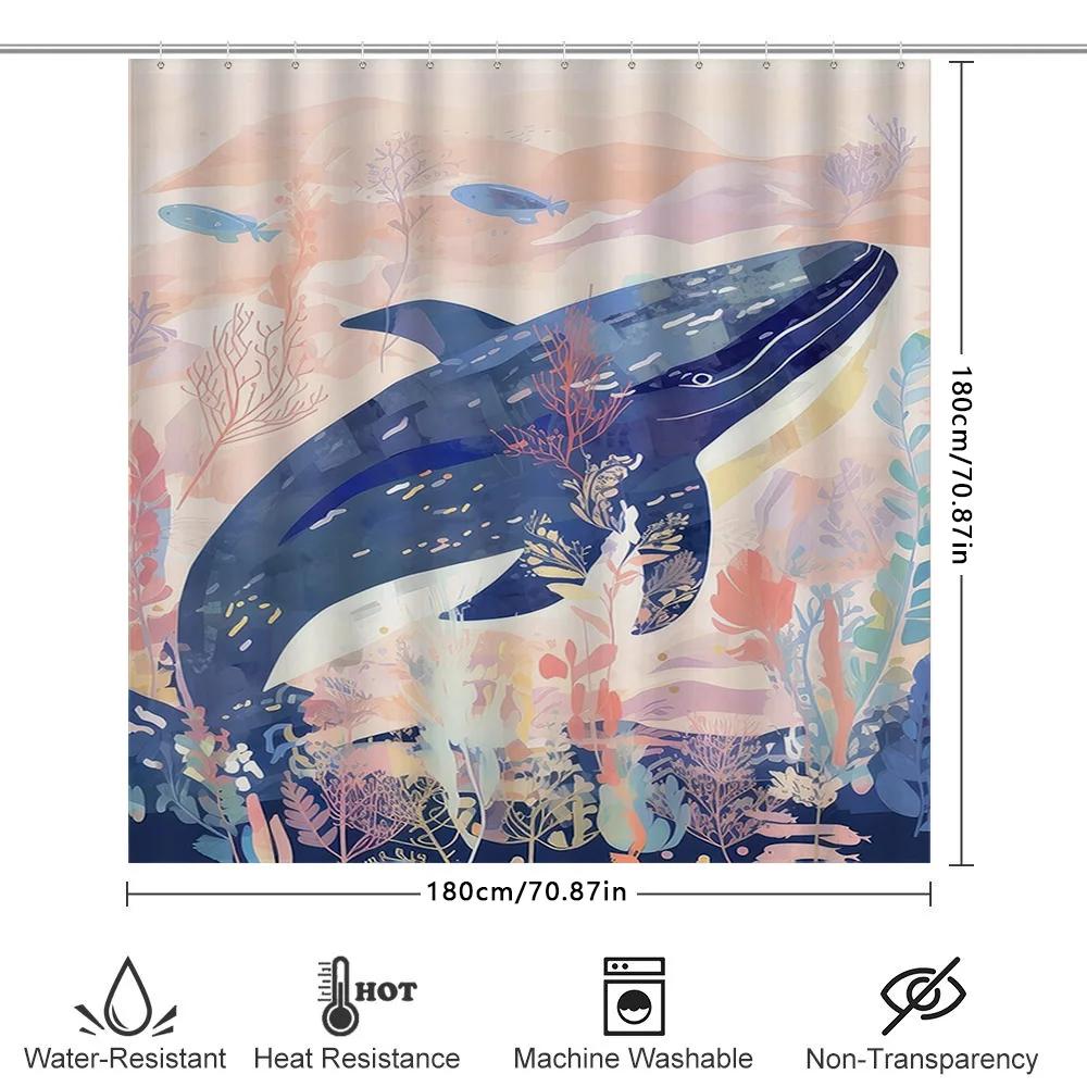 Whale Bathing Blue Shower Curtain For Bathroom Decor Coral Sea Life Print, Polyester Fabric Waterproof 3D Printing Shower Curtai