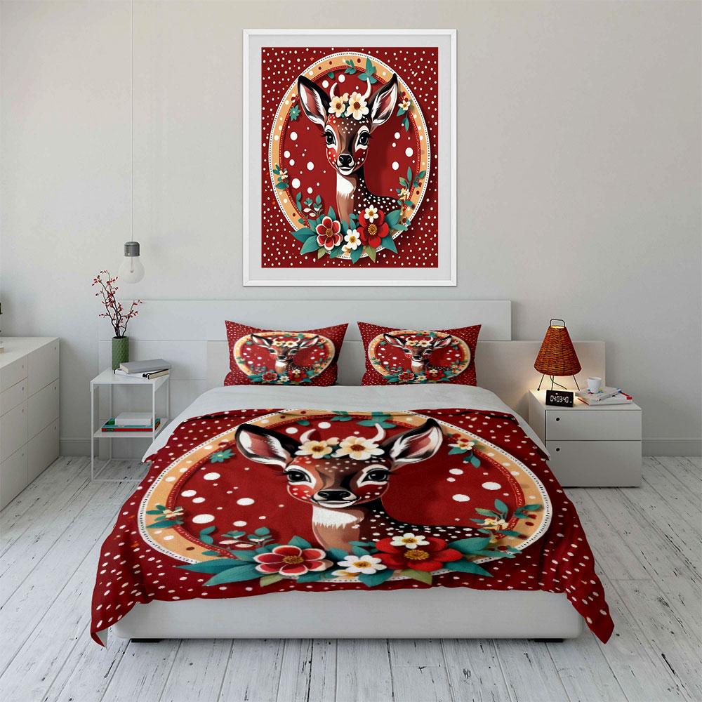 Floral Deer Art Decor Set Soft Skin-Friendly Bedding Set Includes 1 Duvet Cover And 2 Pillowcase Gift
