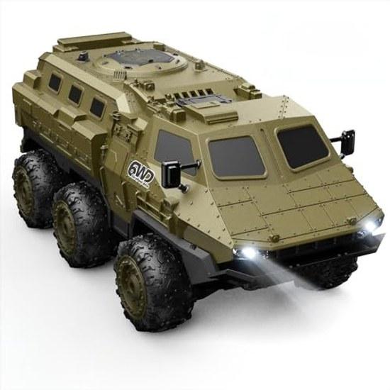 DEERC Military Remote Control Car Armored Vehicle 6WD 1 16 All-Terrain Compatible Operation Time 120 Minutes Includes 2 Batteries Low Voltage Alarm