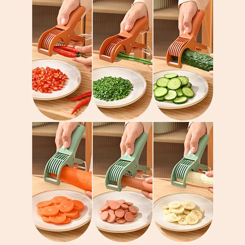2 - Color Fruit & Vegetable Slicer, Food - Grade Spring - Clip Cutter, Wavy Blade Even Slicing Kitchen Tool (Light Green/Orange)