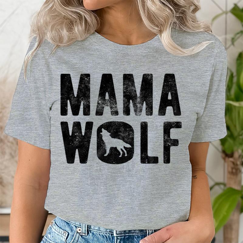 Mama Wolf Print T Shirt for Women Kawaii Graphic Shirts Casual Short Sleeved Black Vintage Female Tee O-neck Harajuku T-shirts