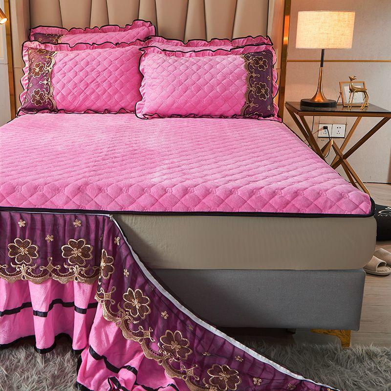 Luxury Euro Crystal Velvet Gold Lace Ruffles Quilted Zipper Removable Bed Skirt Mattress Cover Bedspread Pillowcases Bedding Set