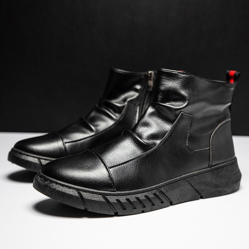 Autumn and winter new tooling boots men's black short boots trendy Martin boots high-top men's shoes fashionable and lightweight leather boots