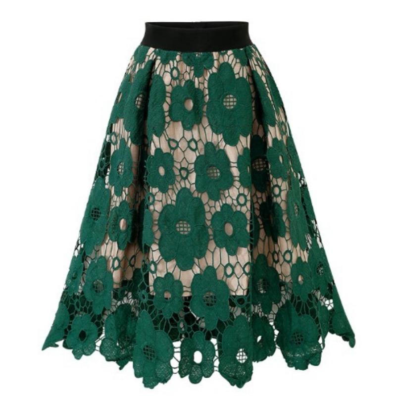 Crochet Hollow Out Flowy Patterned Lace Skirt Casual High Elastic Waist Below Knee Skirt Women's A Line Skirts Elastic Waist Skirts