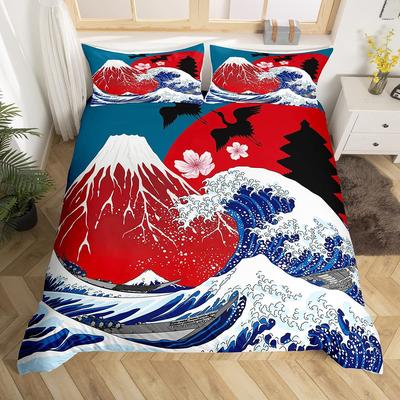 Japanische Ukiyo-e King Queen Bettbezug Goldener Fisch Hokusai Bettwäsche-Set Kran Welle Steppdeckenbezug Rote Sonne Polyester Bettdeckenbezug