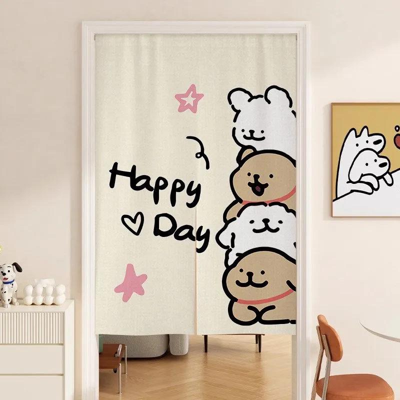 Cartoon Puppy Line Art Door Curtain: Privacy with Light-Permeable, No-Drill Hanging Design