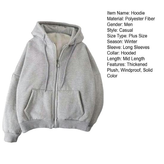 Fall Winter Men Coat Zip-up Long Sleeves Elastic Cuff Thick Plus Size Drawstring Plush Solid Color Loose Pockets Daily Sport Hoodie