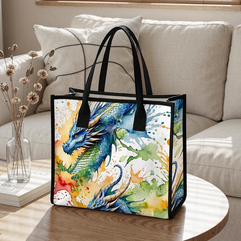 Watercolor Dragon Printed Fashion Handbag Casual Daily Tote Bag Portable Lightweight Shopping Bag Stylish Carryall for Women Outdoor Use