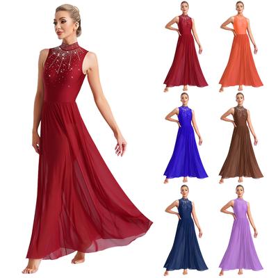 Vestido de Dança Lírica Feminino Sem Mangas Gola Mock Recorte nas Costas Bainha Larga Strass Vestido de Apresentação