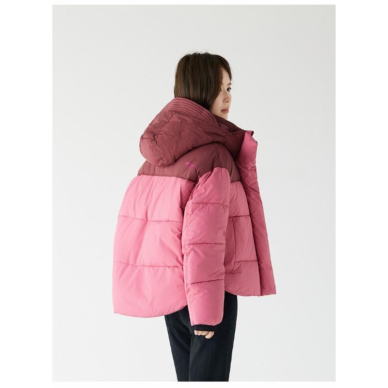 Winter New Short Hooded Color Blocked Cotton Jacket for Women's Sports, Fashionable, Thick and Warm Couple Jacket