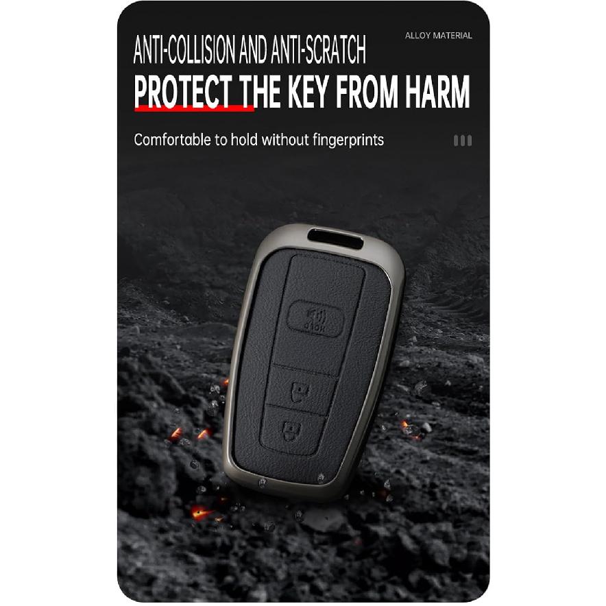 HIBEYO 3 Button Key Fob Cover Compatible With Toyota 4Runner 2016-2024 RAV4 Camry Prius Prado Key Leather & Alloy Key Cover Accessories With