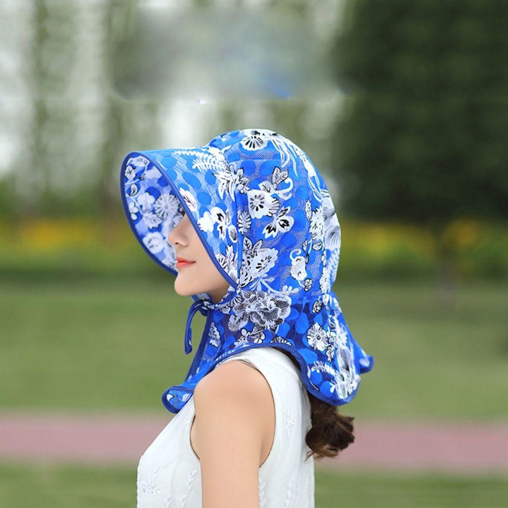 Sunscreen Women Sun Hat Neck Guard Print Floral Sunscreen Hat Breathable Picking Tea Hat Riding
