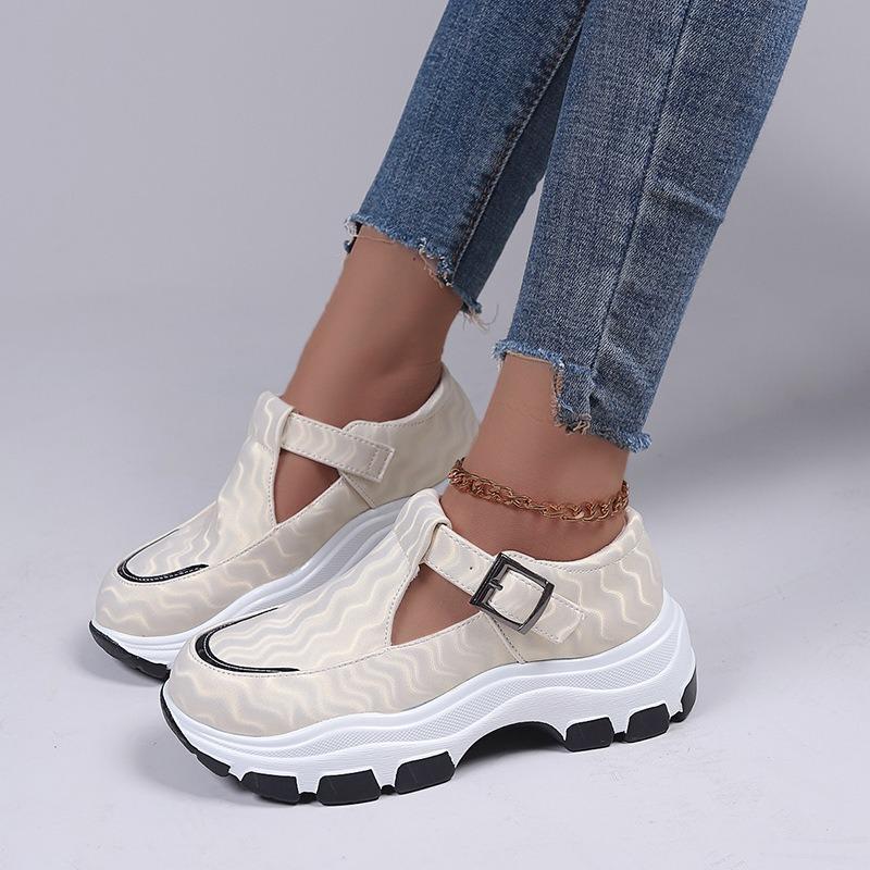 Women's Platform Plus Size Sneakers Women's Belt Buckle Cutout Color-Block Casual Women's Single Shoes