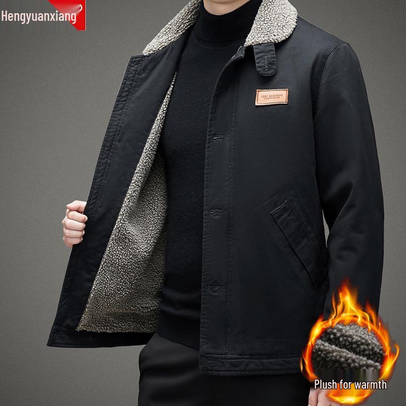 Men's Fleece-Lined Lambswool Jacket: Thick Cotton-Padded Outerwear for Autumn/Winter