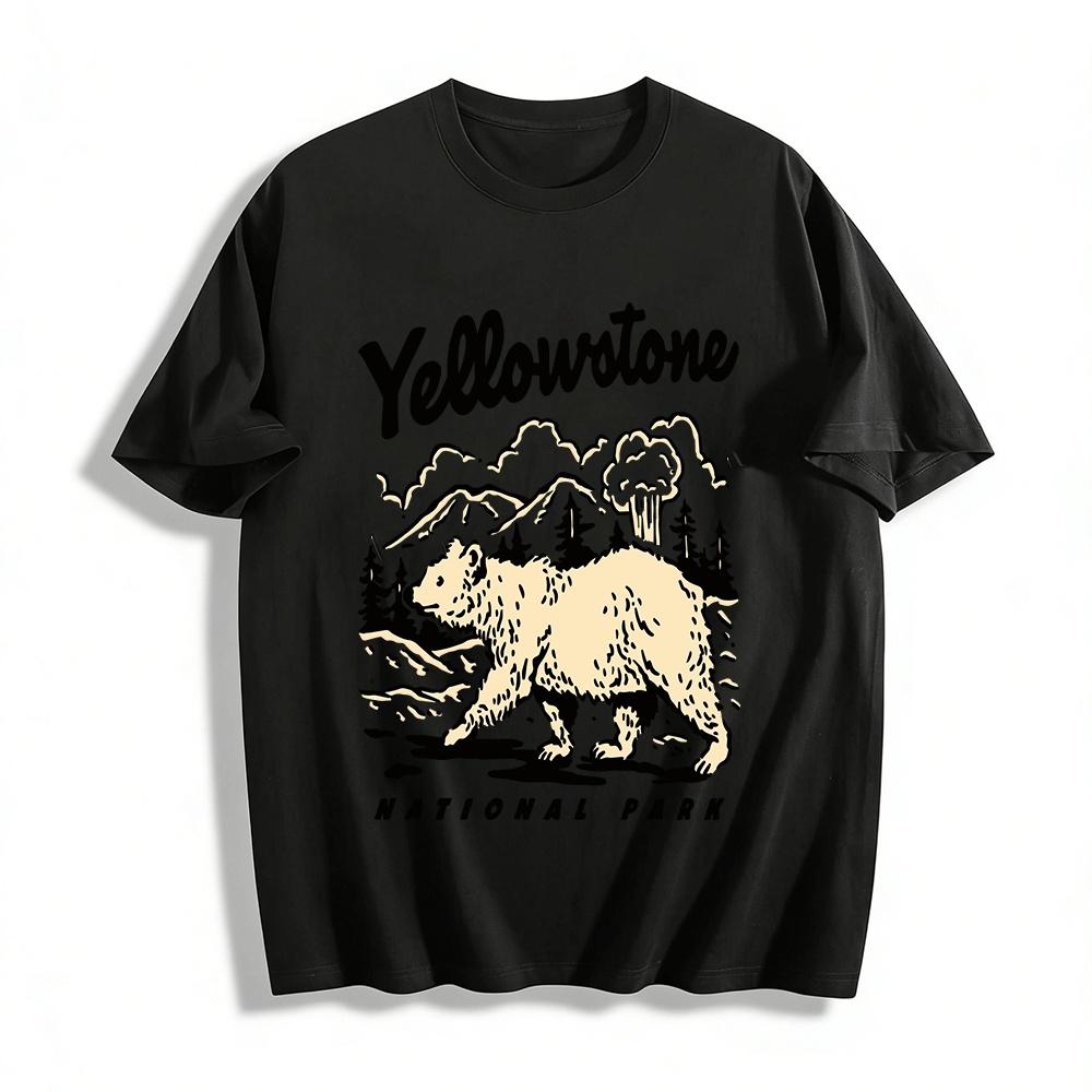 Yellowstone National Park Bear Print Retro Casual Short Sleeve Tee Pure cotton T-shirt XXS