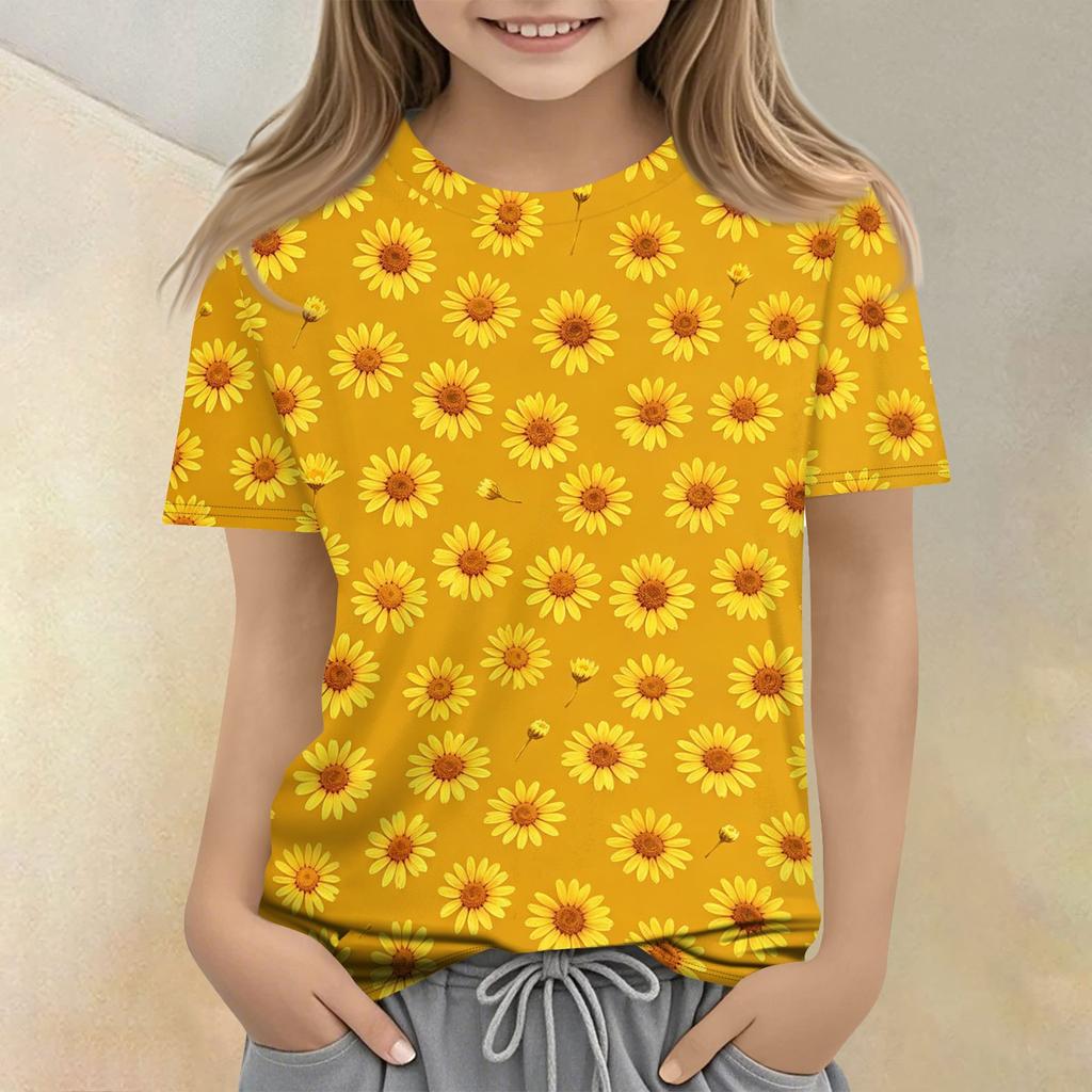 Girls Floral Print Crew Neck Short Sleeve Casual Loose Fit T Shirt Comfortable Lightweight Breathable Fabric Summer Wear
