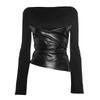 Autumn Bell Sleeve Faux Leather Patchwork Knit Top for Women