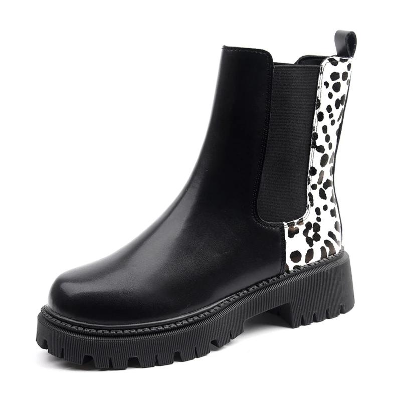 Fashion Leopard Print Chelsea Boots Women Thick Sole Non Slip Ankle Boots Women Autumn Slip On Pu Leather Botas Mujer