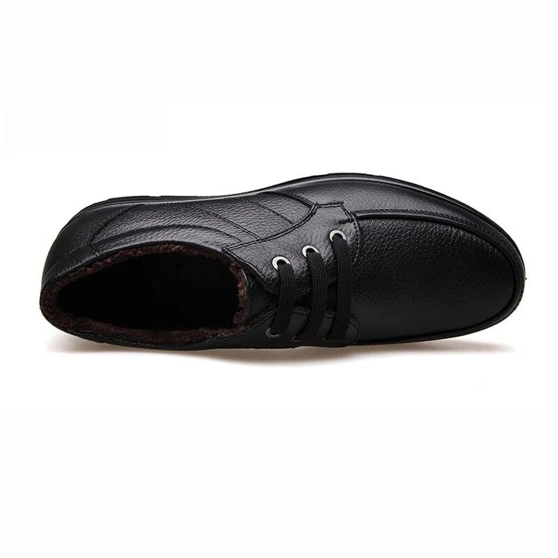 Winter Genuine Leather Shoes Men Business Brogues Warm Plush Cow Leather Male Footwear