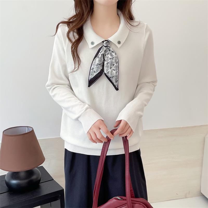 2025 Autumn Plus Size Women's Bow Collar Knit Top - Long Sleeve Pullover
