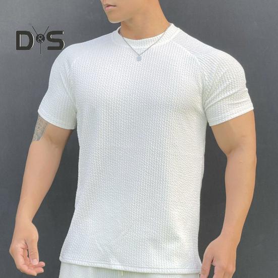 Men Summer Top with 3D Texture Round Neck Short Sleeves Loose Solid Color Muscular Men Sport T-shirt Daily Exercise Shirt