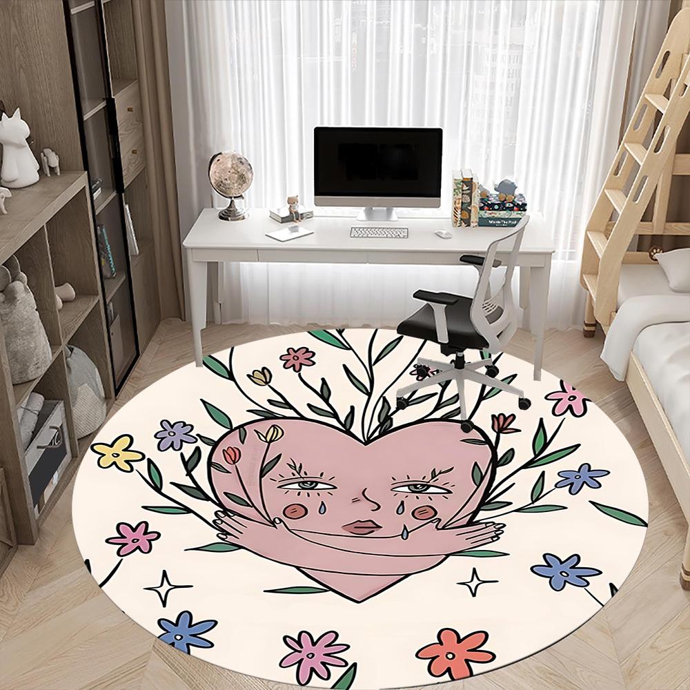 1pc Heart Flowers Office Round Area Rug, Mat Suitable For Office, Under Office Chairs Bedroom Living Room Home Decor, Room Deco