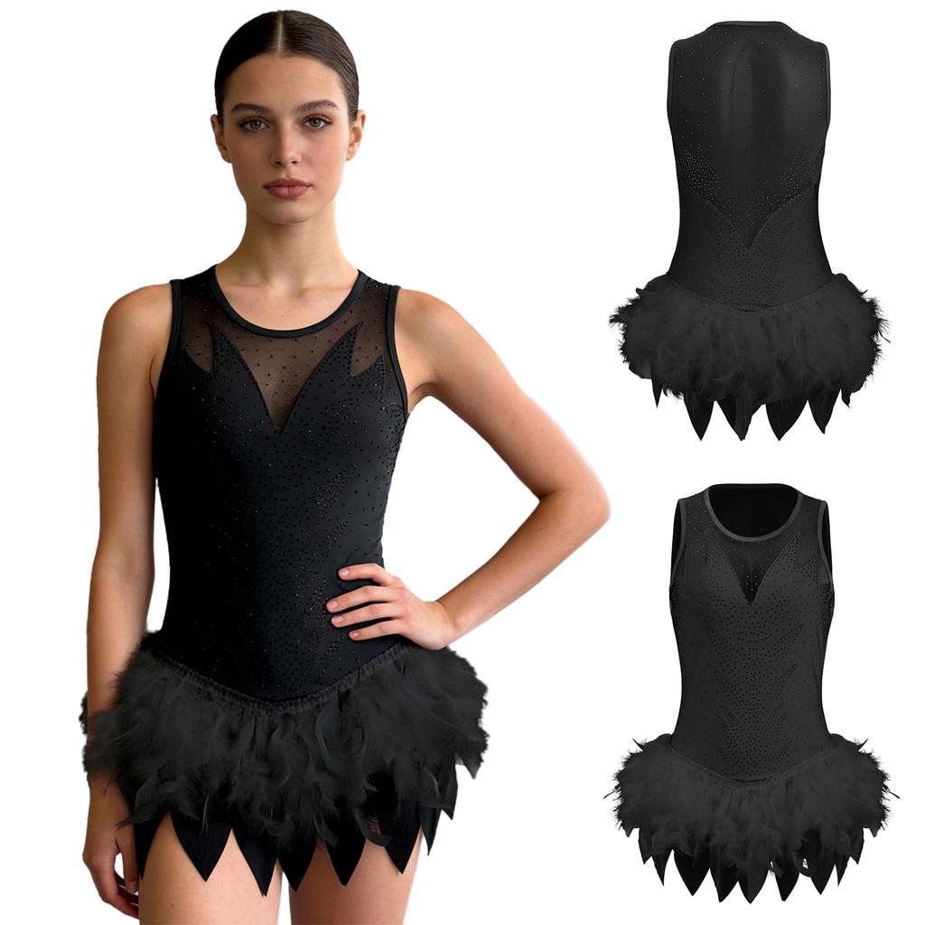 S-XXL Body da Ginnastica da Donna con Strass, Bordo in Pelliccia Sintetica, Orlo Irregolare, Patchwork in Rete, Senza Maniche, Girocollo, Chiusura a Scatto sul Cavallo, Leotard per Danza Balletto