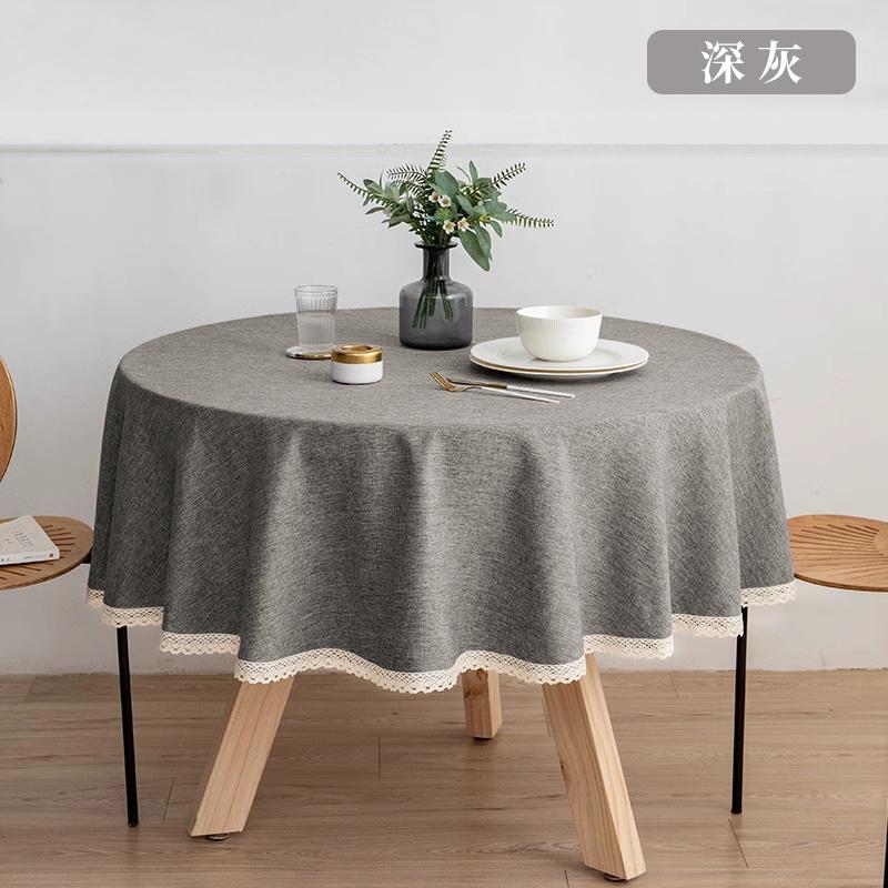 Round Solid Color Dining Table Cloth French Lace Cotton Linen Waterproof and Oil Proof Hotel Restaurant Tablecloth Decoration
