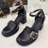 Fashion Fashion Round Toe Metal Belt Buckle Design Mary Jane Shoes Women Ankle Strap Shallow High Heeled Sandals New Black Leather Shoes